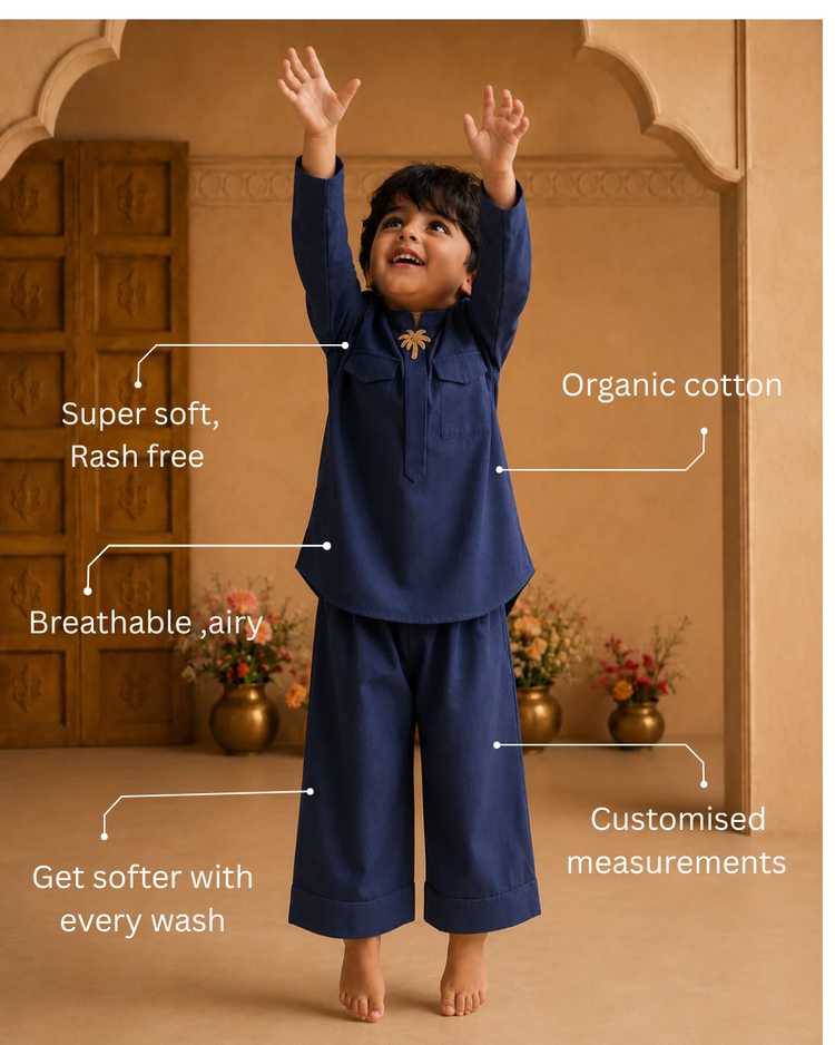 Navy Palm-Motif Kurta Set