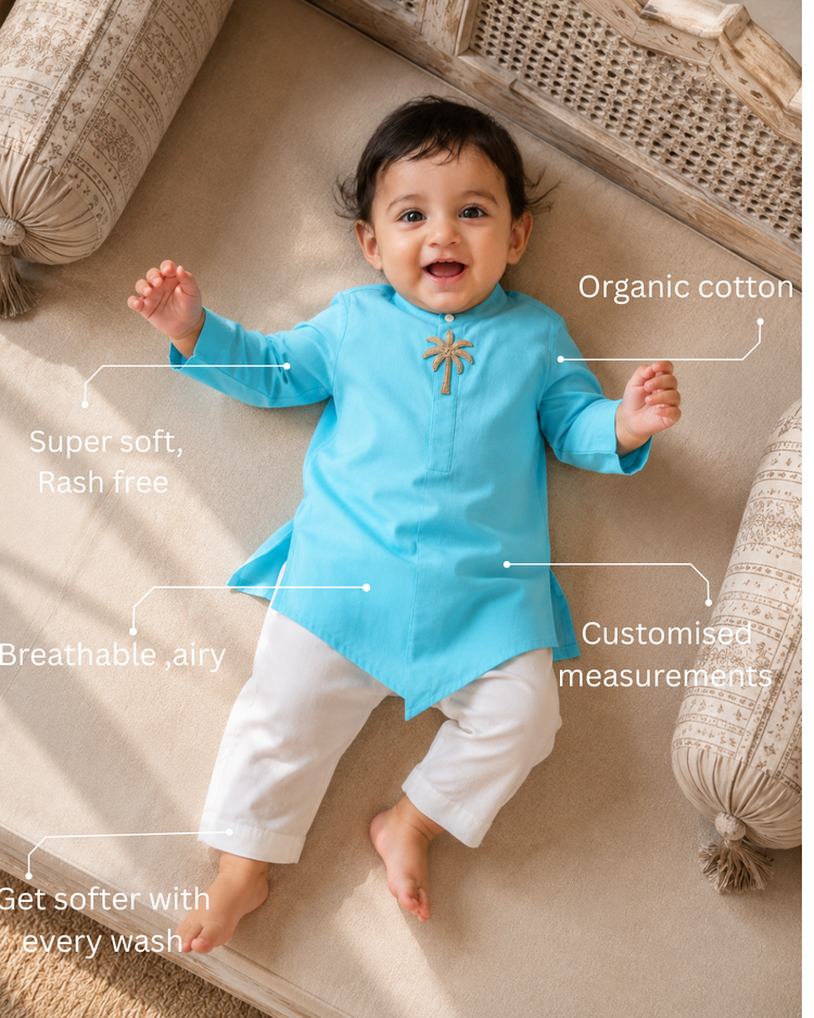 Turquoise Palm-Motif Asymmetrical Kurta Set