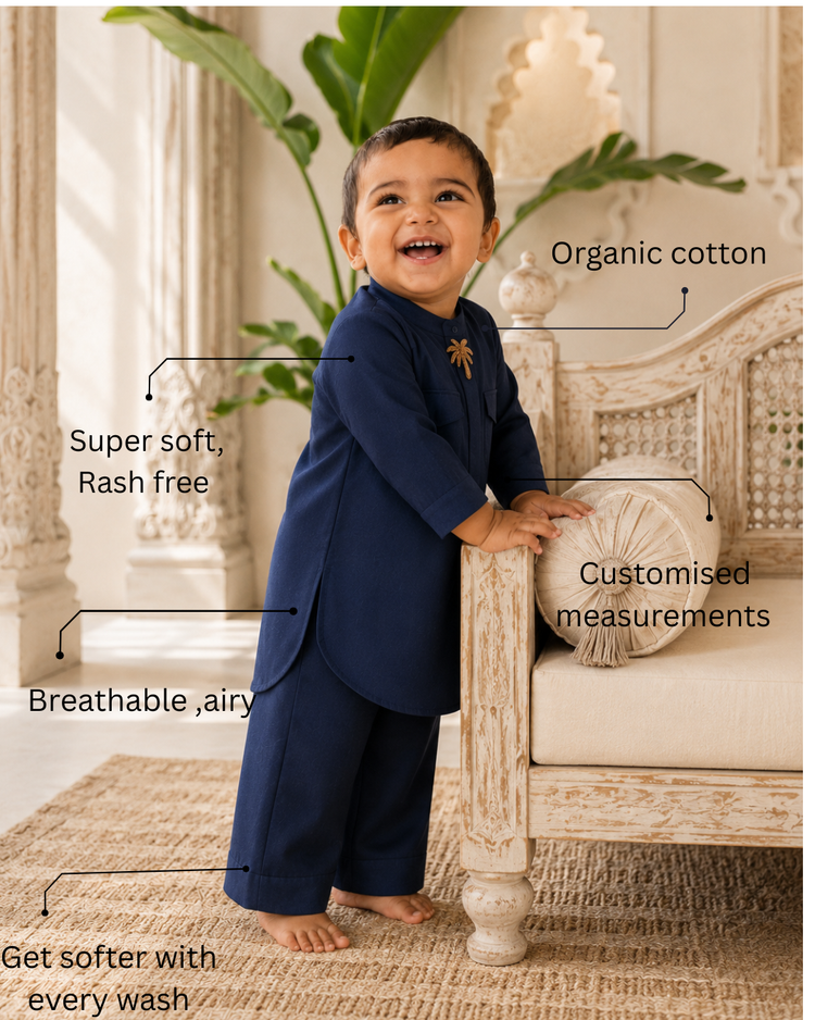 Navy Palm-Motif Oversized Kurta Set