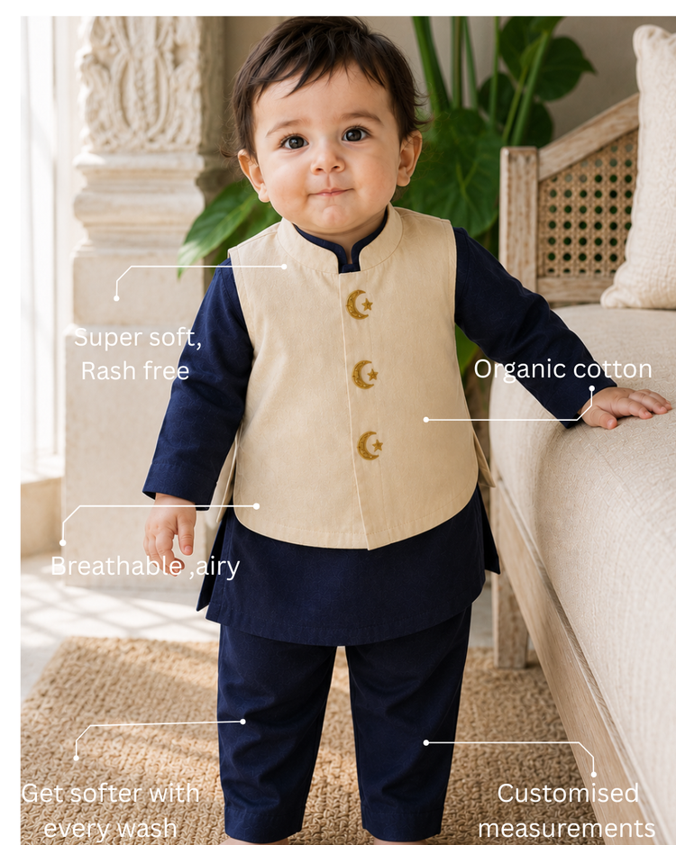 Navy Moon-Star Motif Waistcoat Kurta Set