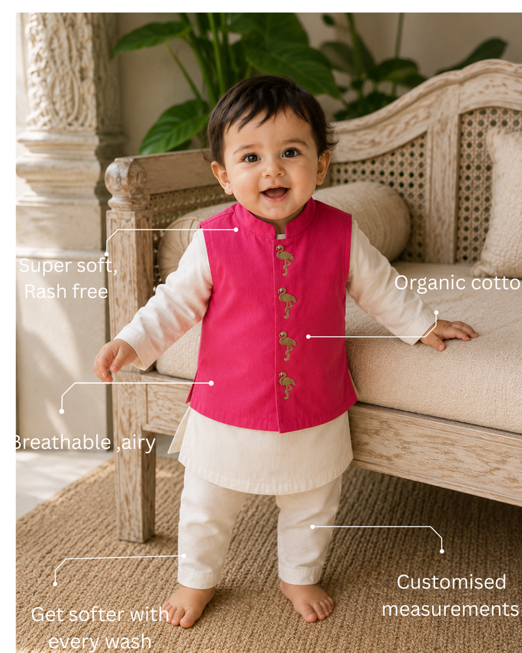 Cream Flamingo Motif Waistcoat Kurta Set
