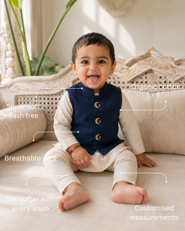 Cream Moon-Star Motif Waistcoat Kurta Set