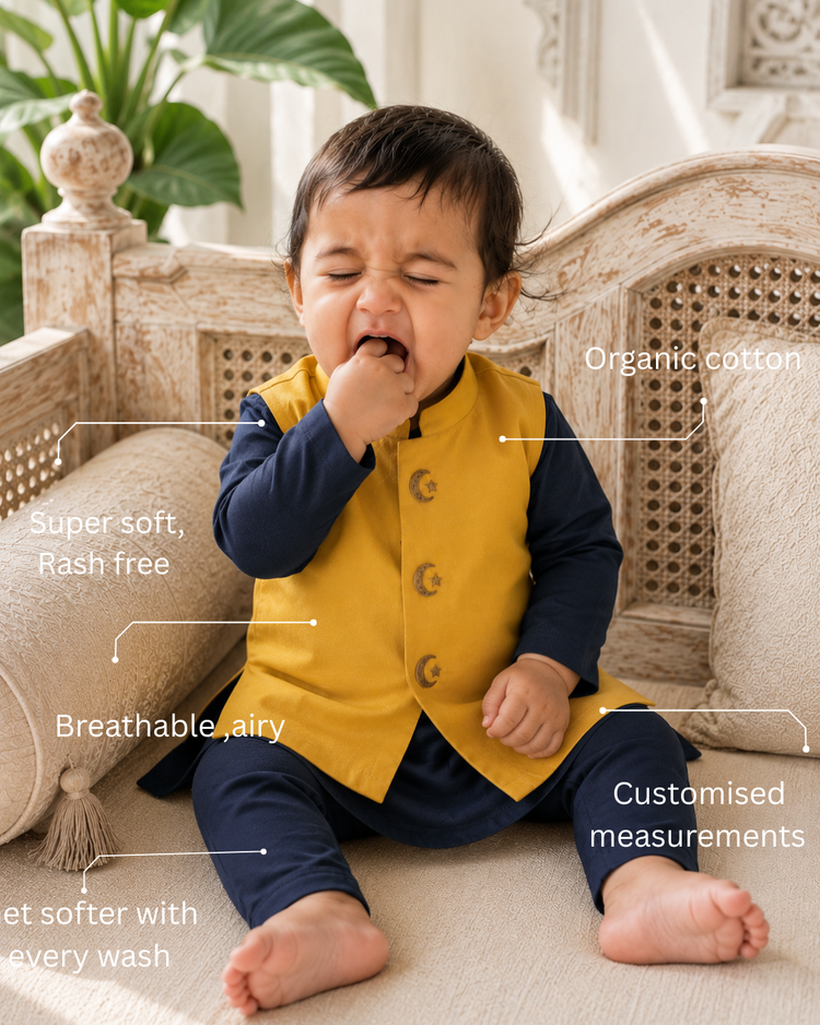 Navy Moon-Star Motif Waistcoat Kurta Set (Yellow Waistcoat)
