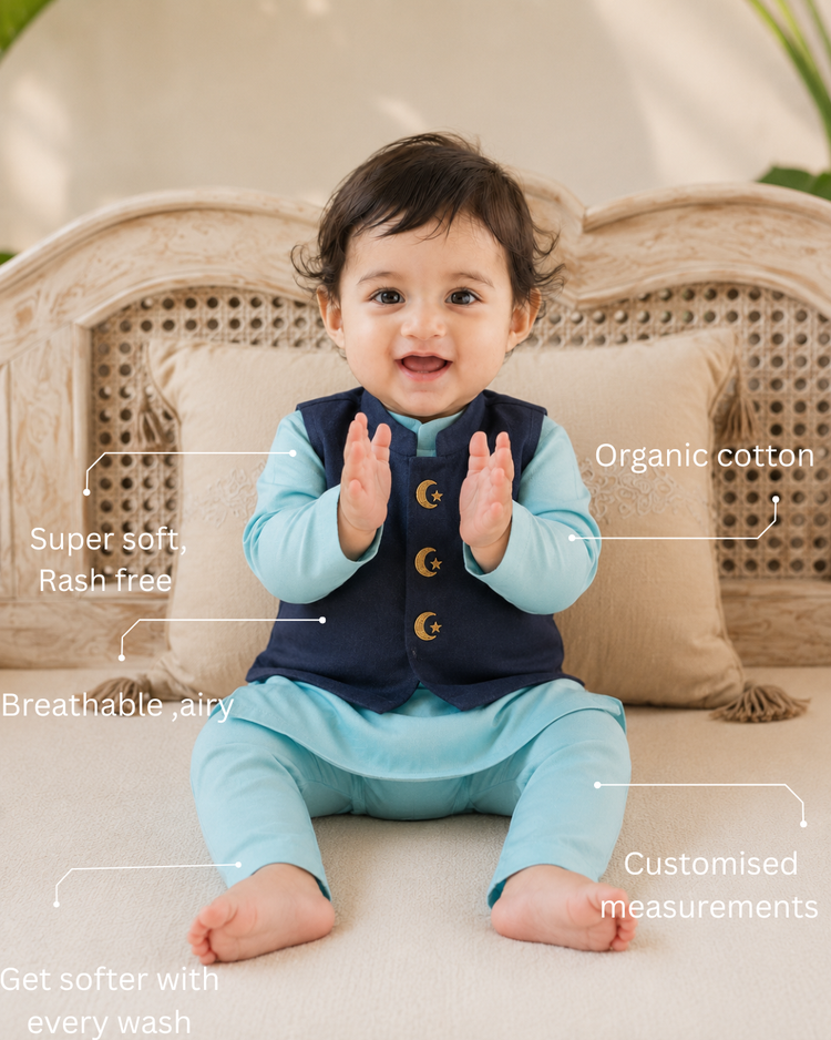 Sky Blue Moon-Star Motif Waistcoat Kurta Set