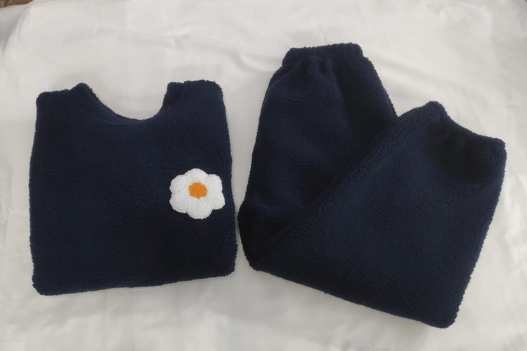 Navy Blue Flower Fleece Set