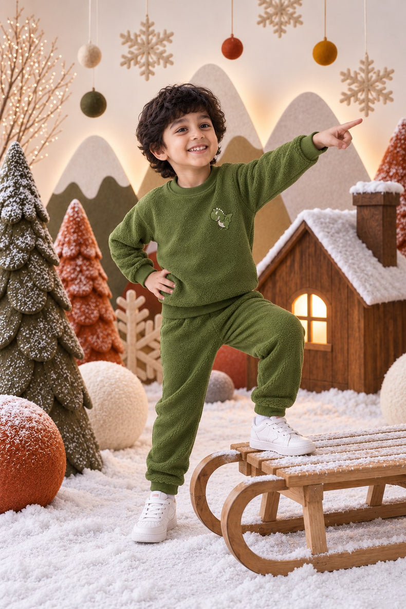 Olive Green Dino Fleece Set for kids by Anaario – winter fleecewear