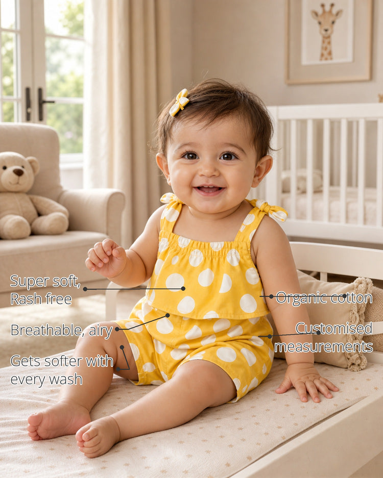 Yellow White Polka Dot Tie-Shoulder Baby Romper features