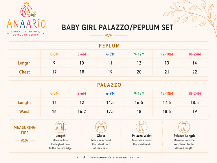 Anaario baby girl palazzo peplum set size chart in inches, 0-3 months to 18-24 months