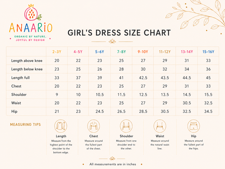 Anaario girls dress size chart in inches