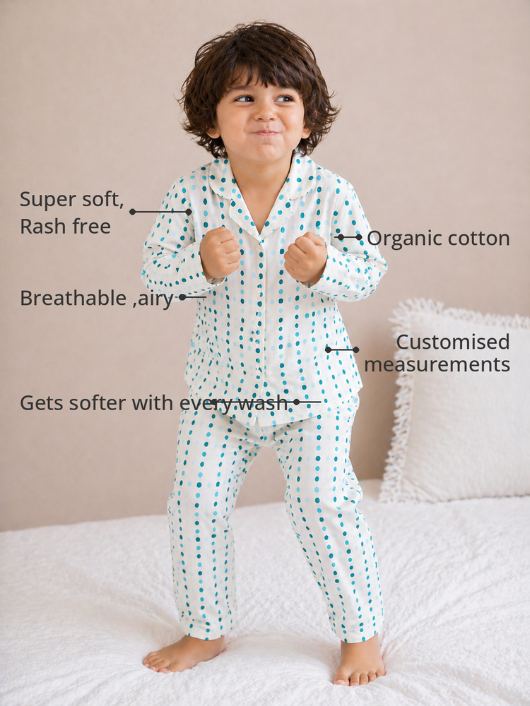 Anaario Blue polka spots Set features - organic cotton, super soft and rash free, breathable, gets softer with every wash, customised measurements