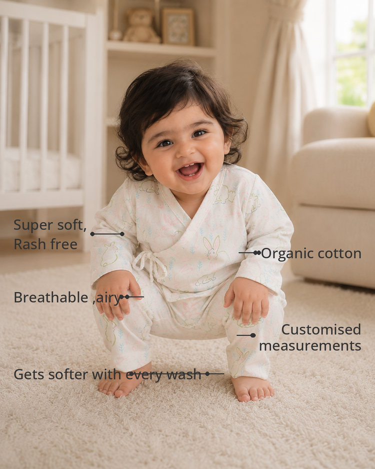 Anaario Bunny Print Wrap Baby Co-ord Set features - organic cotton, super soft and rash free, breathable, gets softer with every wash, customised measurements