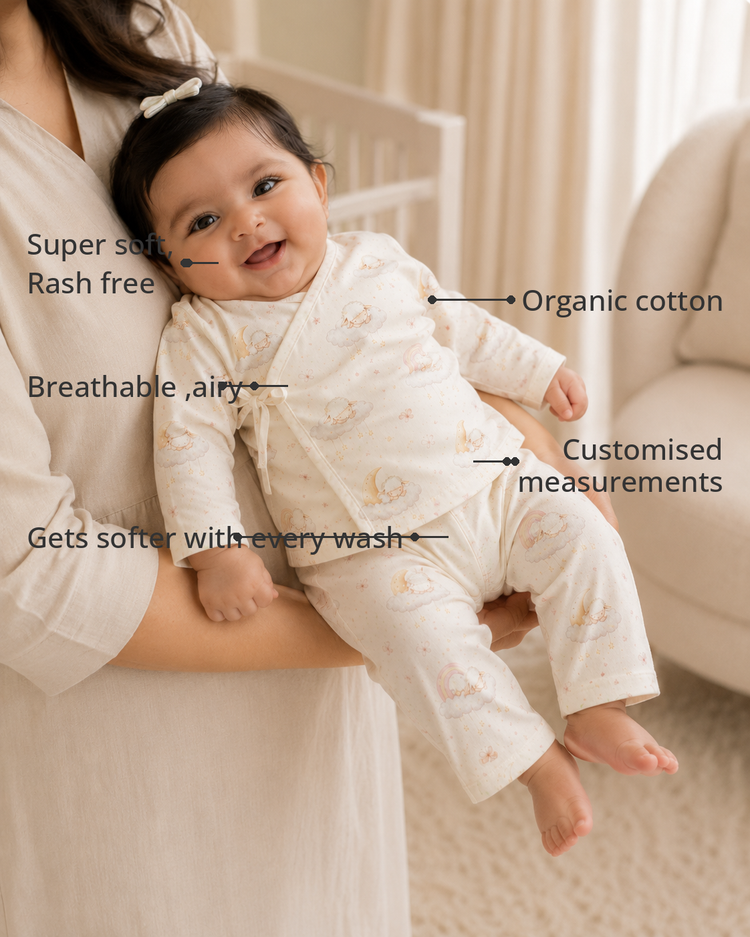 Anaario Dreamy Sheep Wrap Baby Co-ord Set features - organic cotton, super soft and rash free, breathable, gets softer with every wash, customised measurements