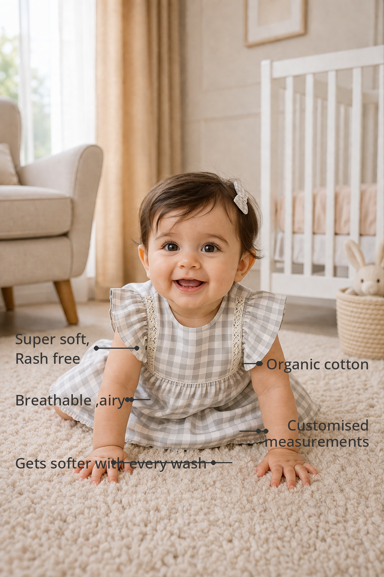 Anaario Grey Gingham Lace Frill Romper features - organic cotton, super soft and rash free, breathable, gets softer with every wash, customised measurements