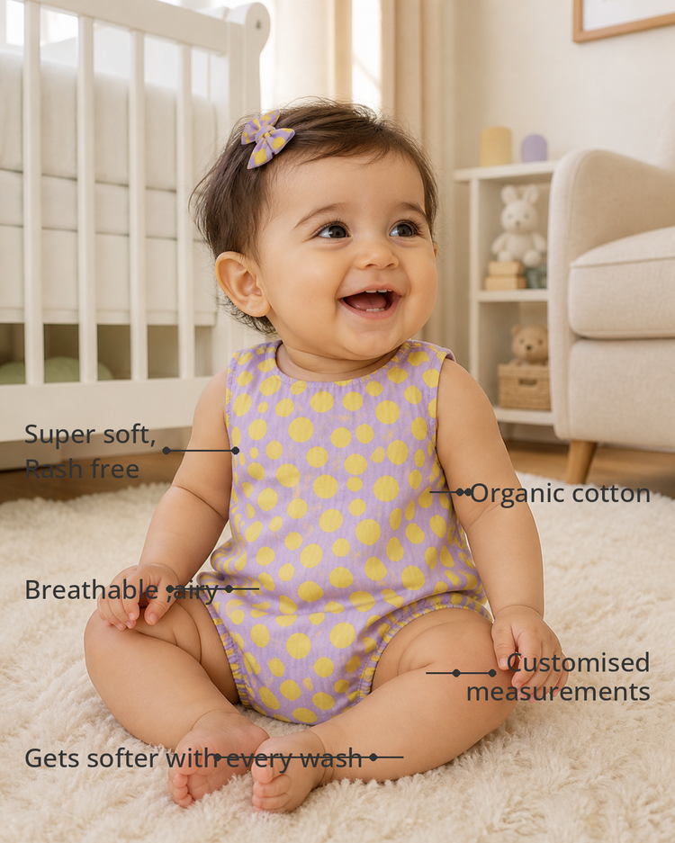 Anaario Lavender Yellow Polka Dot Button Romper features - organic cotton, super soft and rash free, breathable, gets softer with every wash, customised measurements