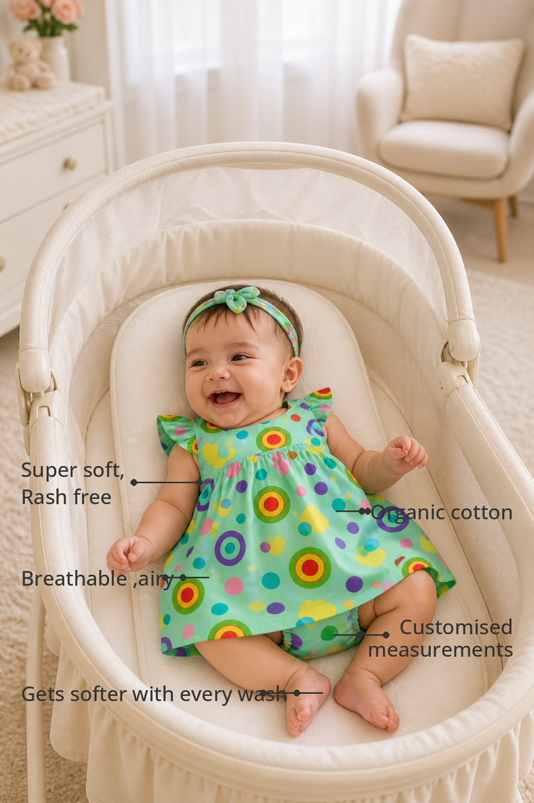 Anaario Mint Carnival Dress Set features - organic cotton, super soft and rash free, breathable, gets softer with every wash, customised measurements