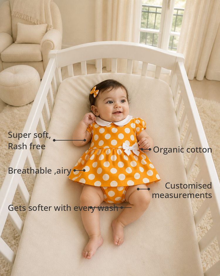 Anaario Orange Polka Bow Dress Set features - organic cotton, super soft and rash free, breathable, gets softer with every wash, customised measurements