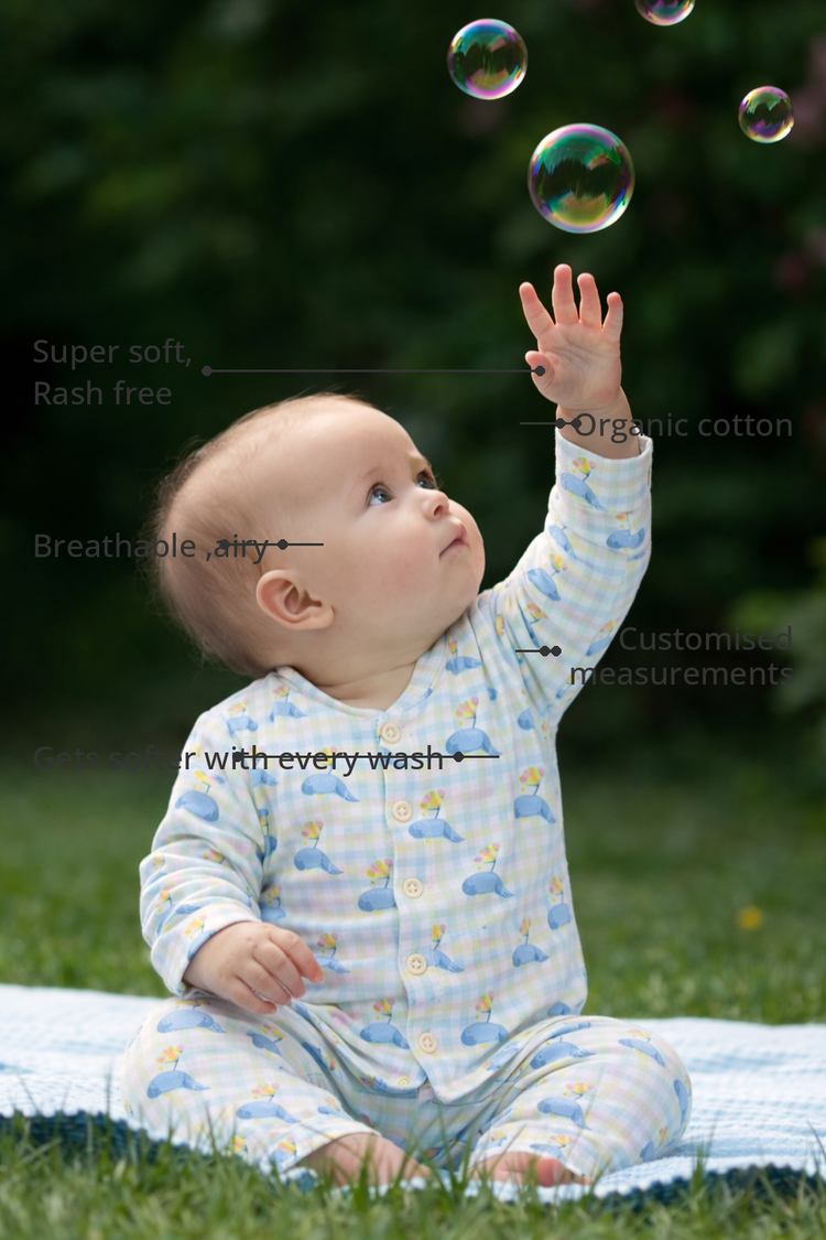 Anaario Playful Dolphin Set features - organic cotton, super soft and rash free, breathable, gets softer with every wash, customised measurements