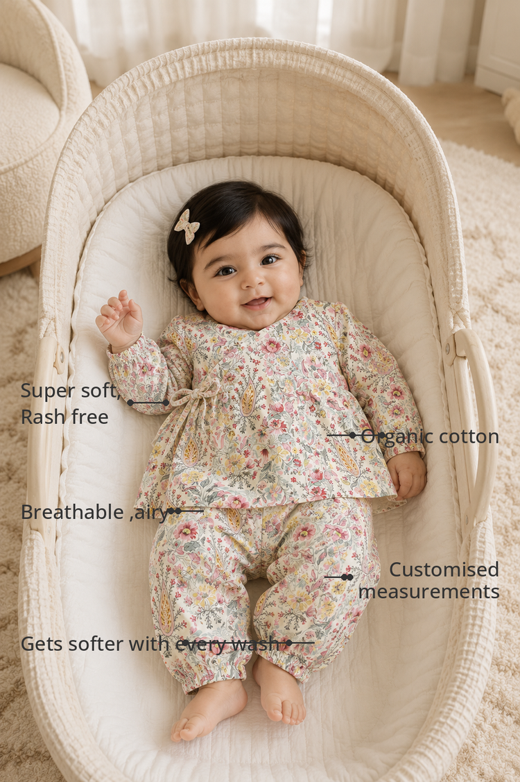 Anaario Vintage Floral Paisley Wrap Baby Co-ord Set features - organic cotton, super soft and rash free, breathable, gets softer with every wash, customised measurements