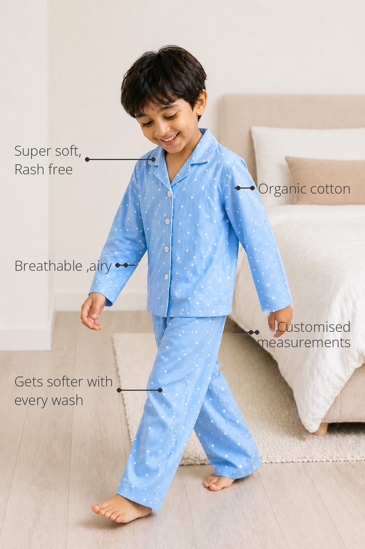Anaario Blue-a-Boo Night Suit features - organic cotton, super soft and rash free, breathable, gets softer with every wash, customised measurements