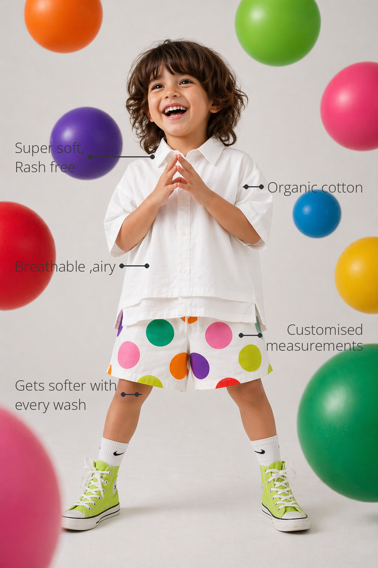 Anaario Confetti Pop Co-ord Set features - organic cotton, super soft and rash free, breathable, gets softer with every wash, customised measurements