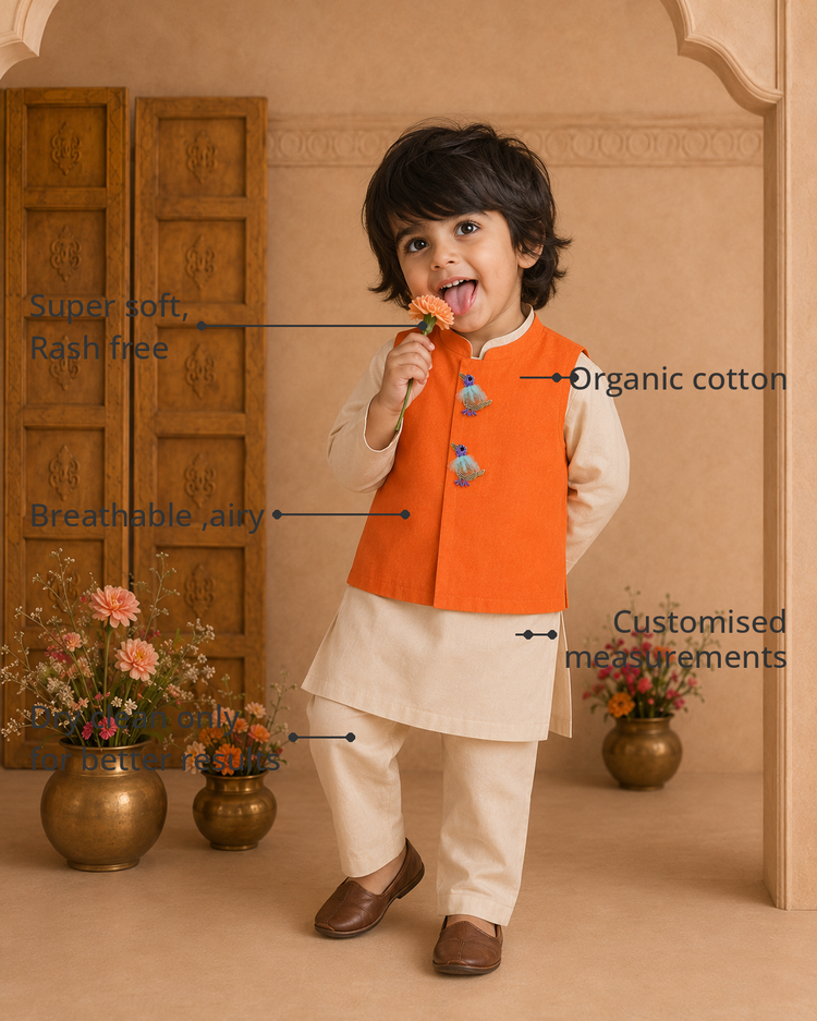 Anaario Cream Bird-Motif Waistcoat Set features - organic cotton, super soft and rash free, breathable, dry clean only, customised measurements