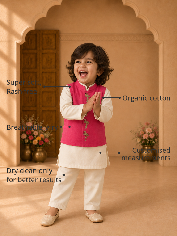Anaario Cream Flamingo-Motif Waistcoat Set features - organic cotton, super soft and rash free, breathable, dry clean only, customised measurements