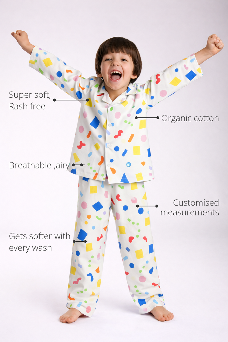 Anaario Multi-Coloured Night Suit features - organic cotton, super soft and rash free, breathable, gets softer with every wash, customised measurements