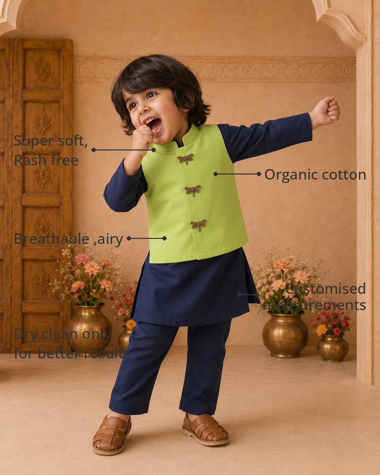 Anaario Navy Dragonfly-Motif Waistcoat Set features - organic cotton, super soft and rash free, breathable, dry clean only, customised measurements