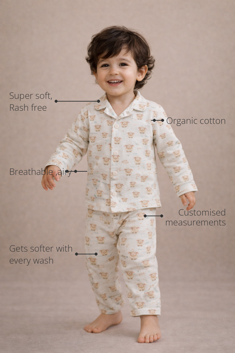 Anaario Pink Sheep Night Suit features - organic cotton, super soft and rash free, breathable, gets softer with every wash, customised measurements