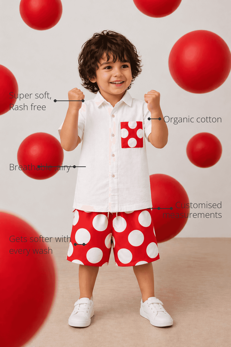 Anaario Red Pop Pocket Shirt Set features - organic cotton, super soft and rash free, breathable, gets softer with every wash, customised measurements