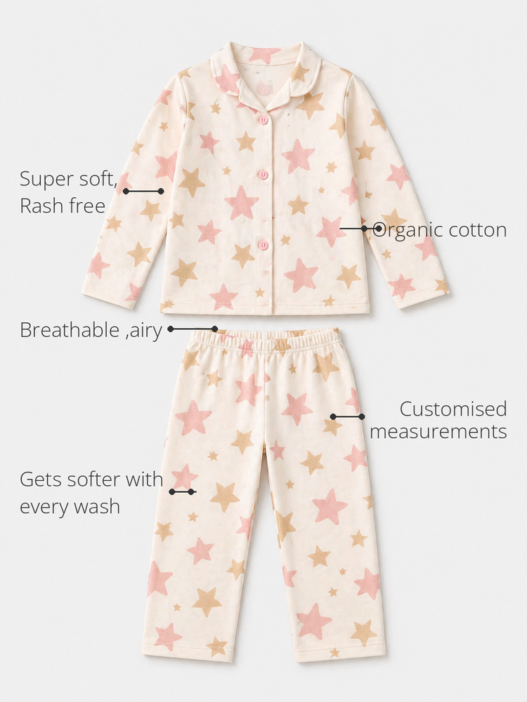 Anaario Starlight Night Suit features - organic cotton, super soft and rash free, breathable, gets softer with every wash, customised measurements