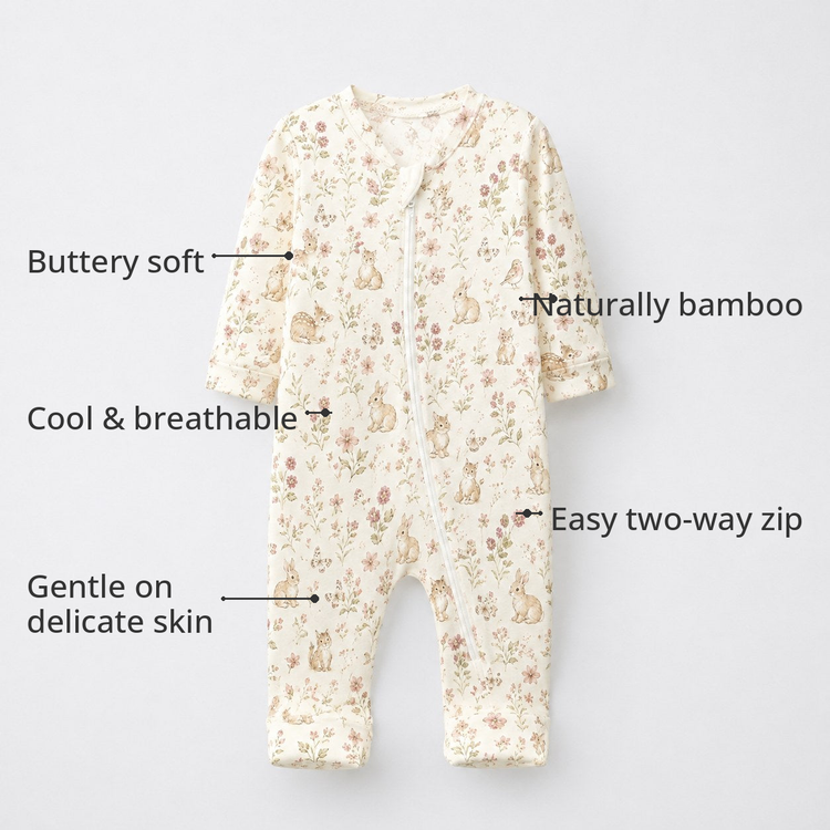 Bunny & Kitty Floral Bamboo Baby Sleepsuit – Zip Romper Onesie Combo – features