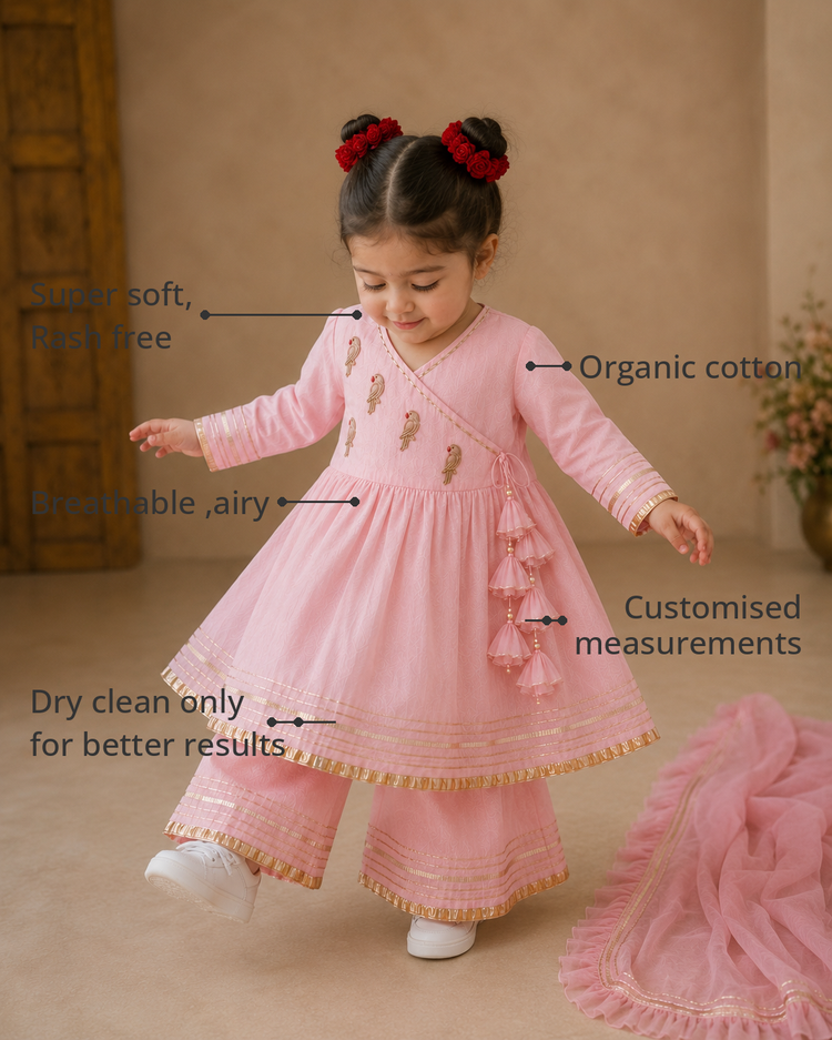 Anaario Baby Pink Parrot Angrakha Set features - organic cotton, super soft and rash free, breathable, dry clean only, customised measurements