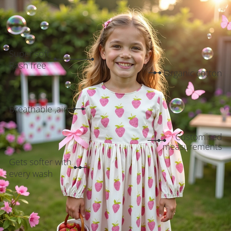Anaario Berry Bloom Dress features - organic cotton, super soft and rash free, breathable, gets softer with every wash, customised measurements