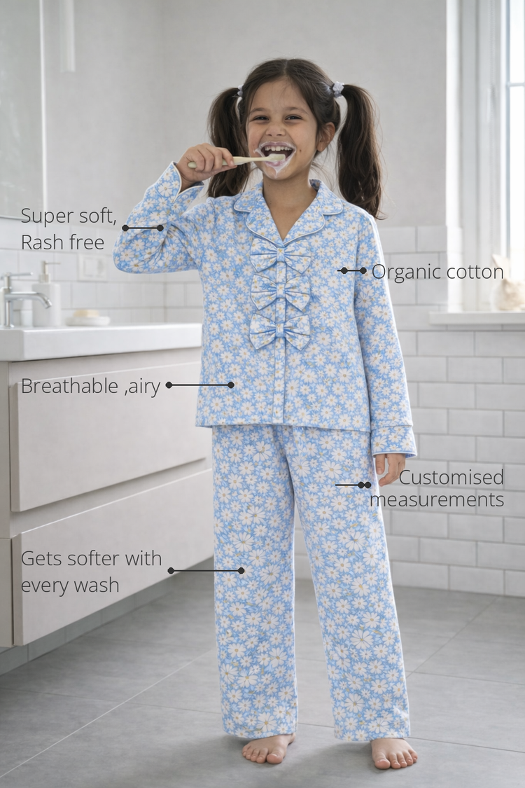 Anaario Bluebell Daisy Night Suit features - organic cotton, super soft and rash free, breathable, gets softer with every wash, customised measurements