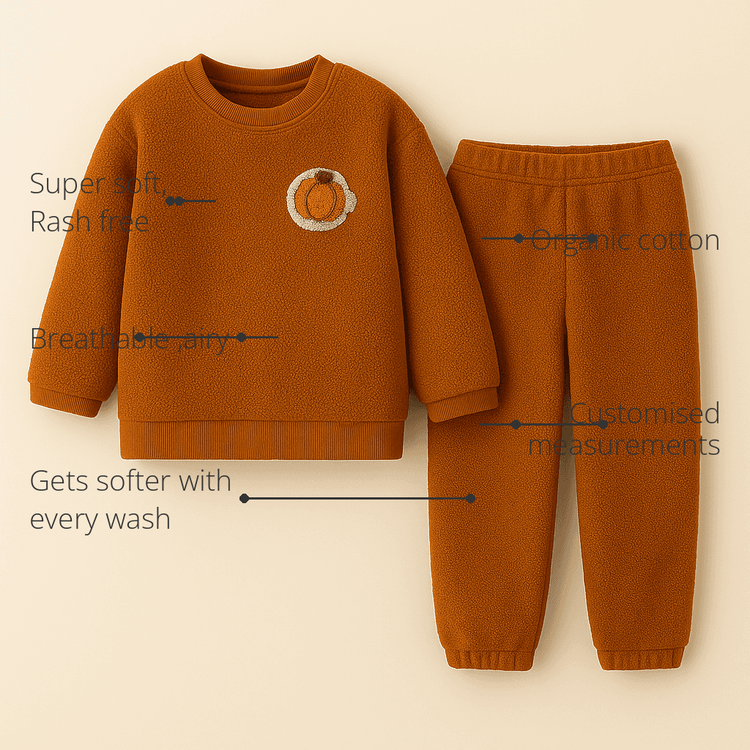 Anaario Cocoa Creek Fleece Set features - organic cotton, super soft and rash free, breathable, gets softer with every wash, customised measurements