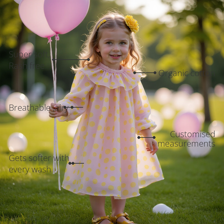 Anaario Divine Aurora Dress features - organic cotton, super soft and rash free, breathable, gets softer with every wash, customised measurements
