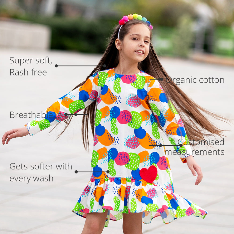 Anaario Field of Dreams Dress features - organic cotton, super soft and rash free, breathable, gets softer with every wash, customised measurements