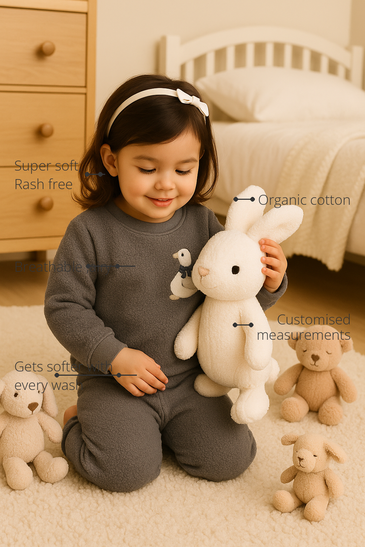 Anaario Grey Duck Fleece Set features - organic cotton, super soft and rash free, breathable, gets softer with every wash, customised measurements