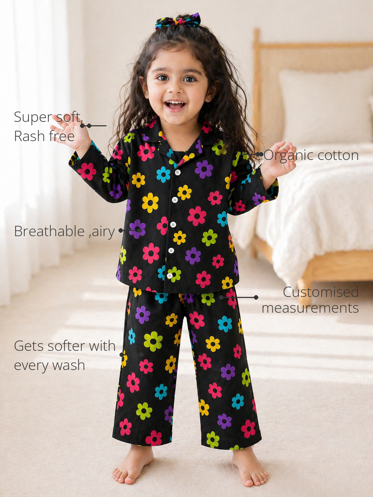 Anaario Groovy Bloom Night Suit features - organic cotton, super soft and rash free, breathable, gets softer with every wash, customised measurements