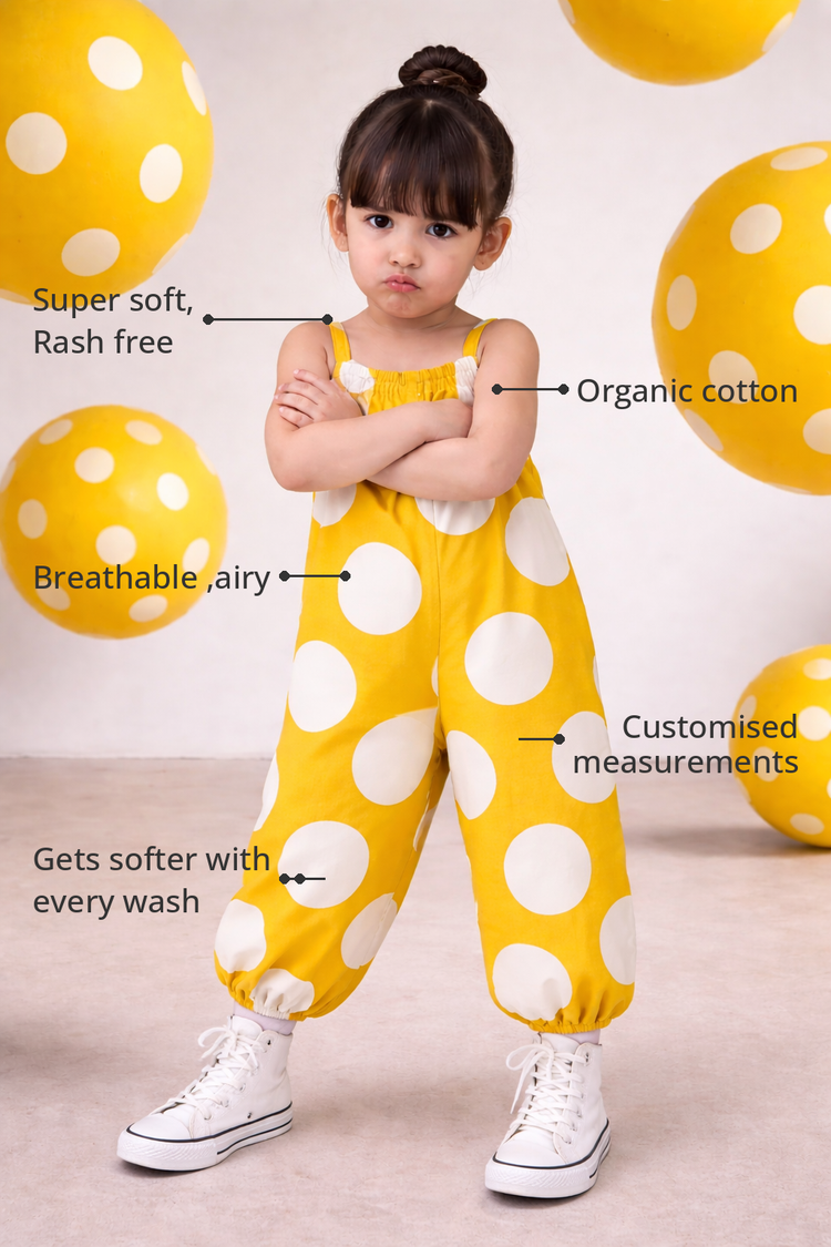 Anaario The Lemonade Dotty Romper features - organic cotton, super soft and rash free, breathable, gets softer with every wash, customised measurements
