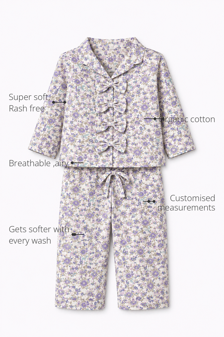 Anaario Lilac Bloom Night Suit features - organic cotton, super soft and rash free, breathable, gets softer with every wash, customised measurements