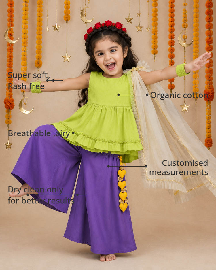 Anaario Lime Purple Palazzo Set features - organic cotton, super soft and rash free, breathable, dry clean only, customised measurements