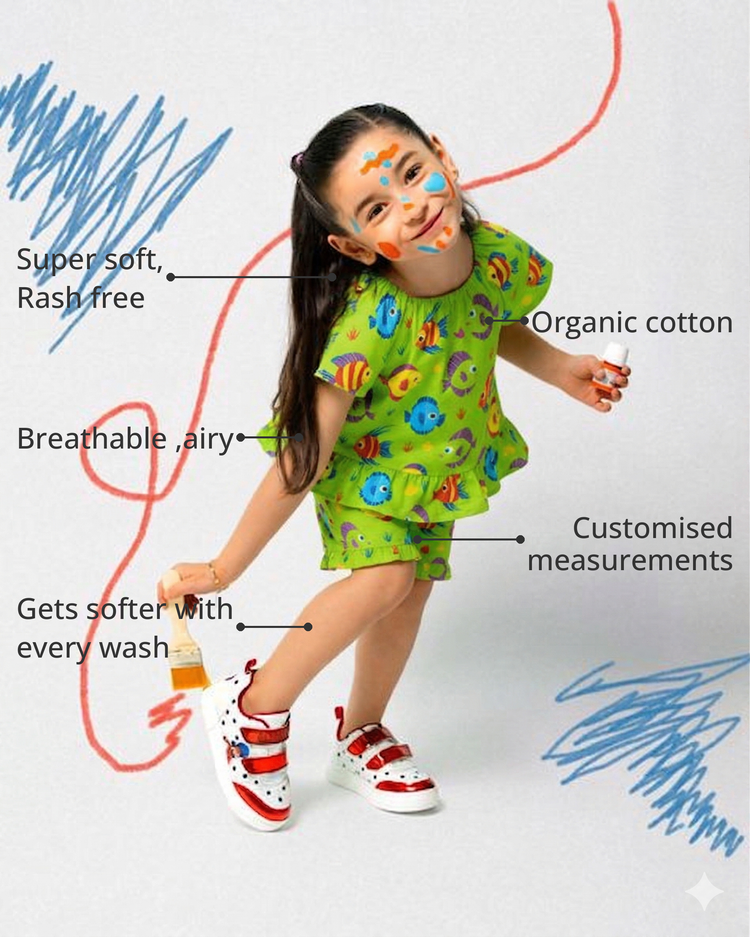 Anaario Multi-Coloured Fish Co-ord Set features - organic cotton, super soft and rash free, breathable, gets softer with every wash, customised measurements