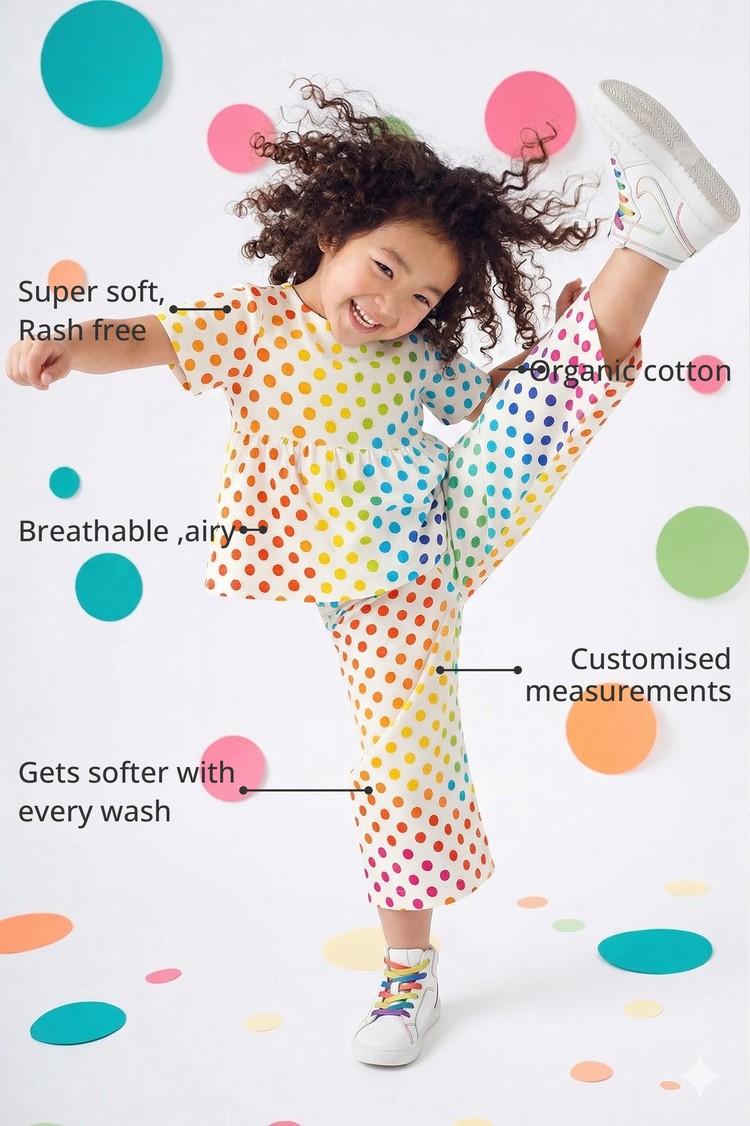 Anaario Multi-Coloured Polka Co-ord Set features - organic cotton, super soft and rash free, breathable, gets softer with every wash, customised measurements
