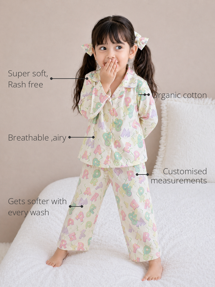 Anaario Pastel Alphabets Night Suit features - organic cotton, super soft and rash free, breathable, gets softer with every wash, customised measurements