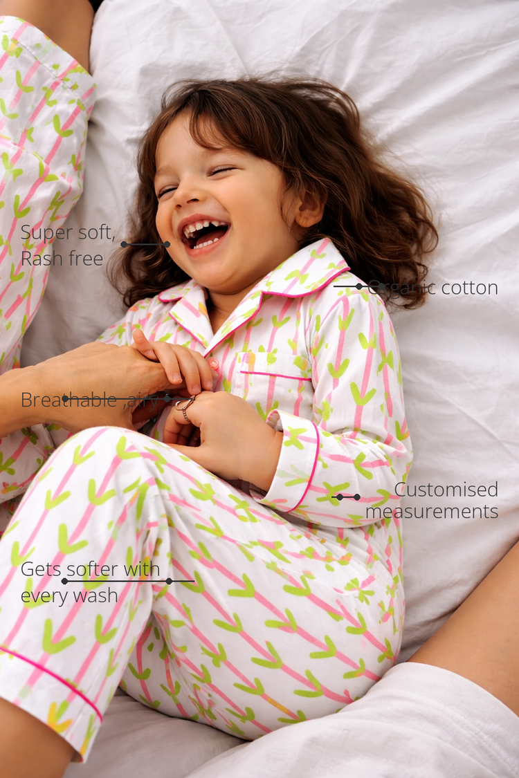 Anaario Pink and Green Leaves Night Suit features - organic cotton, super soft and rash free, breathable, gets softer with every wash, customised measurements