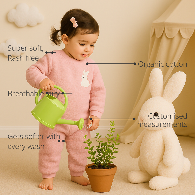 Anaario Pink Bunny Fleece Set features - organic cotton, super soft and rash free, breathable, gets softer with every wash, customised measurements