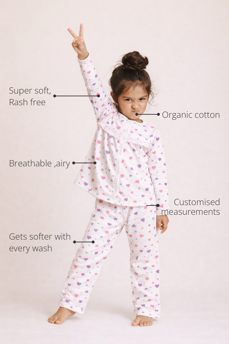 Anaario Pink Heart Night Suit features - organic cotton, super soft and rash free, breathable, gets softer with every wash, customised measurements
