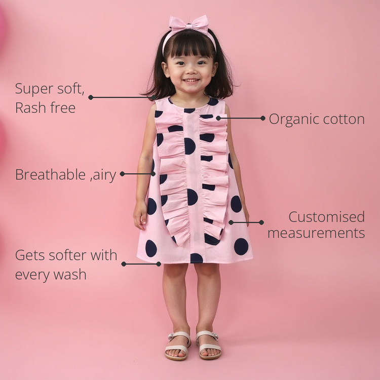 Anaario Polka Pop Princess Dress features - organic cotton, super soft and rash free, breathable, gets softer with every wash, customised measurements